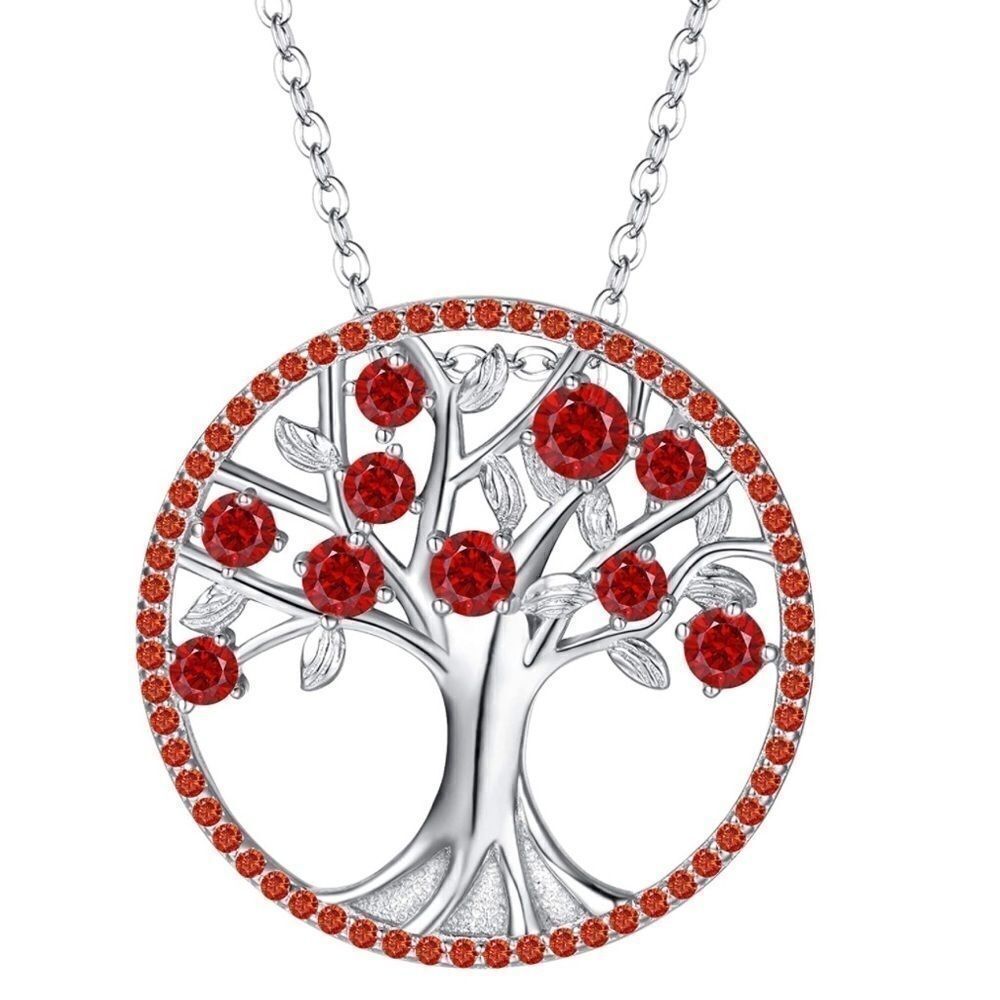 .925 Sterling Silver and Garnet Cubic Zirconia Tree of Life Pendant Necklace